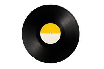Black vinyl record providing analog sound, displaying a blank yellow and white label for promoting vintage music