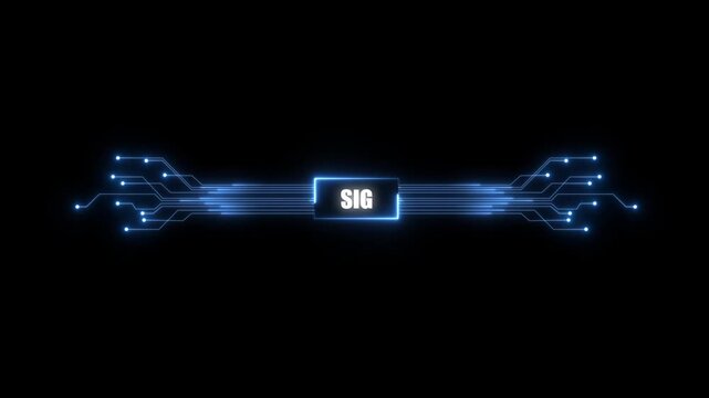 animation neon shows process of turning on the SIG in the motherboard. 4K SIG chip set and electric circuit with data transfer moving on dark background for technology cyber and futuristic concept