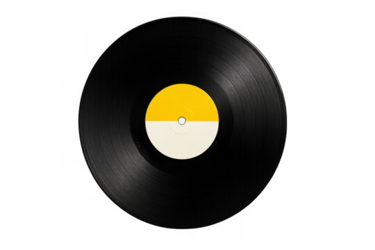 Black vinyl record providing analog sound, displaying a blank yellow and white label for promoting vintage music