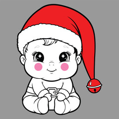 Adorable Cute Baby Santa Illustration in Red Christmas Hat