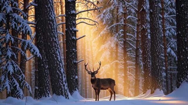 Majestic deer in snowy forest at sunrise nature tranquil environment