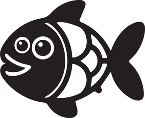 Black Silhouette of a Cartoon Fish with Big Eyes and Open Mouth on a White Background cute fish smiling fish