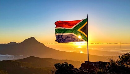 South African Flag Waving Over Scenic Mountain Landscape at Sunrise with Warm Light and National Pride