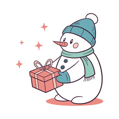 Cute cartoon snowman wearing a hat and scarf holding a gift box