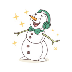 Happy snowman wearing headphones and bow tie with sparkles