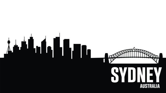 Iconic sydney skyline and harbour bridge silhouette in black and white