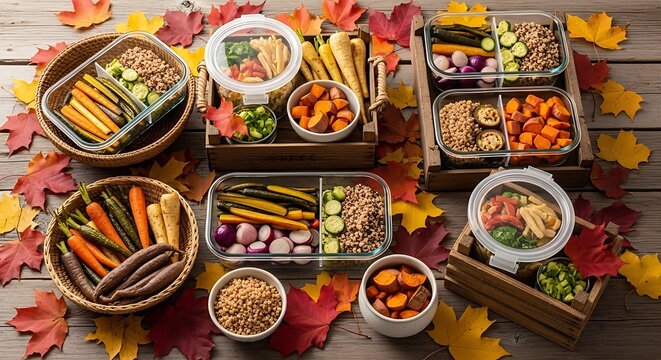 Healthy Autumnal Meal Prep Containers with Colorful Root Vegetables and Maple Leaves