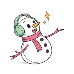 Happy snowman wearing headphones and scarf
