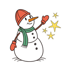 Cute snowman wearing a hat and scarf with sparkling stars