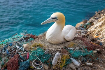 Seabird nesting on an island edge using colorful plastic waste and fishing nets as materials, depicting the ecological consequences of ocean pollution on avian habitats and marine biodiversity.