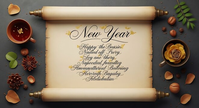 New year scroll with calligraphy message and holiday decorations for festive celebration