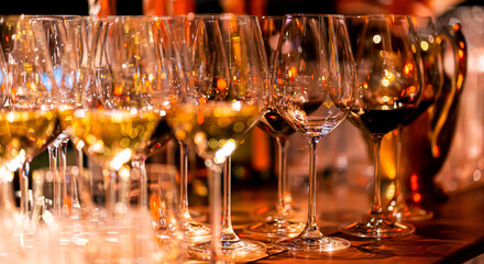 Elegant scene of wine being poured into glasses aligned in a row, showcasing the rich colors and...