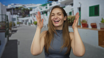 Fototapeta premium Woman raising both hands near her face and smiling broadly in a sleeveless top on a sunlit street with white walls; joy.