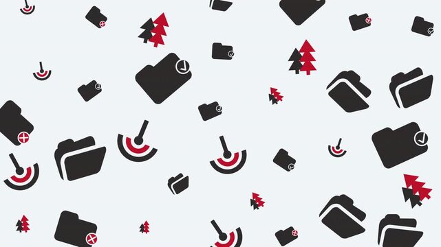 Scattered Target Icons, Folders, and Trees Pattern, Abstract Graphic Design, Digital Illustration, Minimalist Style, Top-Down View