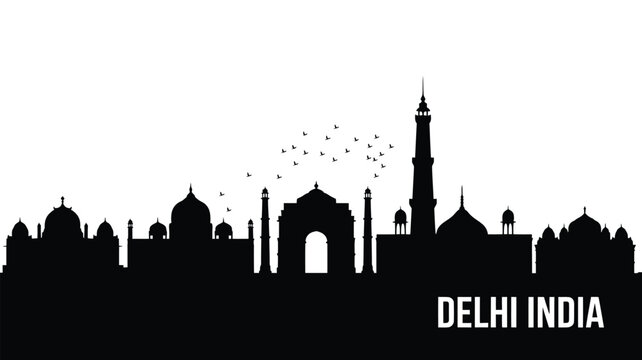 Iconic delhi india skyline silhouette with birds in flight