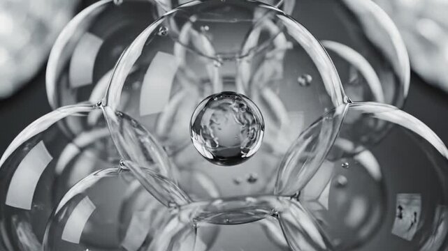 Monochrome image of interconnected transparent spheres forming a complex structure