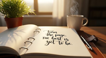 Turn the page inspiration notebook with coffee and plant for positive thinking and motivation concept