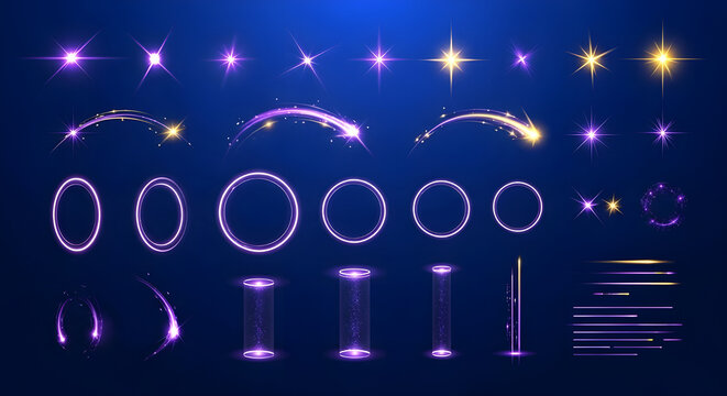 Collection of abstract light effects and glowing elements, perfect for adding a futuristic and dynamic touch to designs