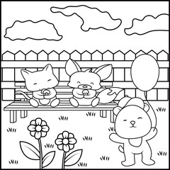 Adorable cartoon animals enjoying a sunny day in a garden with flowers and a balloon coloring page
