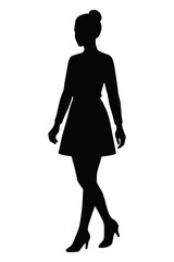 Young woman silhouette walking in dress side view isolated on white background