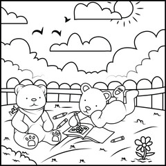 Adorable teddy bears enjoying a sunny day reading and playing outdoors in a garden coloring page