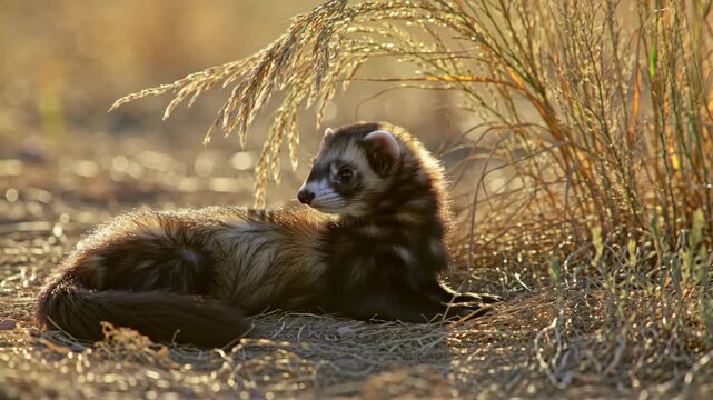 Adorable ferret portrait, ferret laying down in grass at sunset with bokeh.