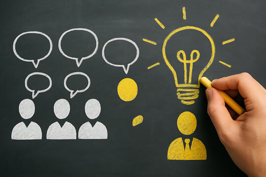 Brainstorming and innovation concept with chalkboard depiction of teamwork discussion producing successful glowing idea for business growth