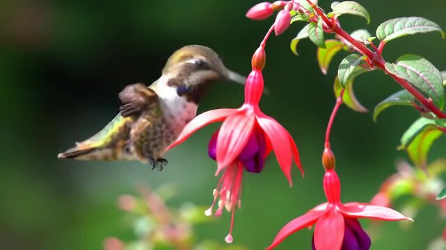 Hummingbird hovers near fuchsia flowers, drinking nectar in natural light. Bird, flower, nature, colorful, wildlife, spring, summer.