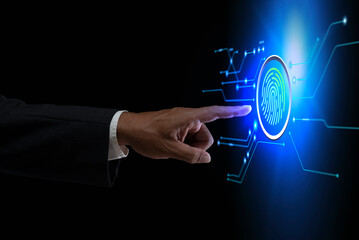 Fingerprint scanning for identity verification, security technology. Security of cyber technologies that control or allow access to information, concepts, systems, and privacy.