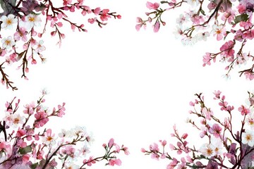 Fototapeta premium Delicate Blossoms Framing a Blank Space: A Beautiful Arrangement of Pink and White Spring Flowers