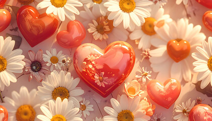 Groovy Retro Repeat, valentine: Bubbly hearts and daisies in repeat pattern exudes soft, vintage valentine vibe with feeling of innocent love