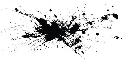 Black ink splatter paint design elements. Abstract black in splash, paint, brush strokes, stain grunge isolated on transparency background. Black paint splash texture on white background.