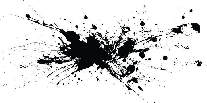 Black ink splatter paint design elements. Abstract black in splash, paint, brush strokes, stain grunge isolated on transparency background. Black paint splash texture on white background.
