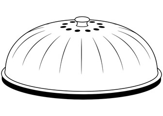 Reusable microwave plate cover with steam vents. Plastic food splatter guard lid. Kitchen cooking accessory. Black and white line art vector illustration.