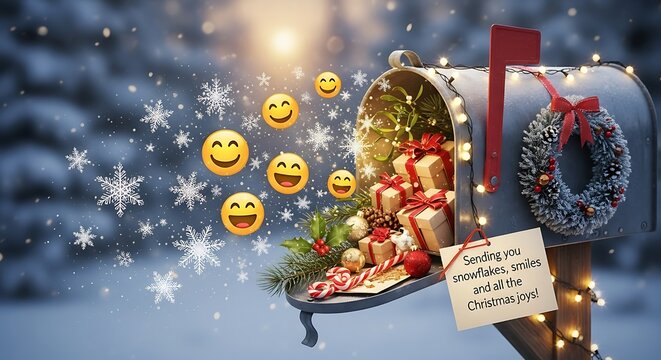 Christmas mailbox filled with gifts and smiles sending holiday cheer and winter snowflakes magic scene