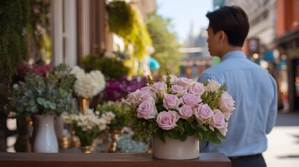 Fototapeta premium A man in a blue shirt walks past a flower stall displaying fresh pink roses and other floral arrangements on an urban street