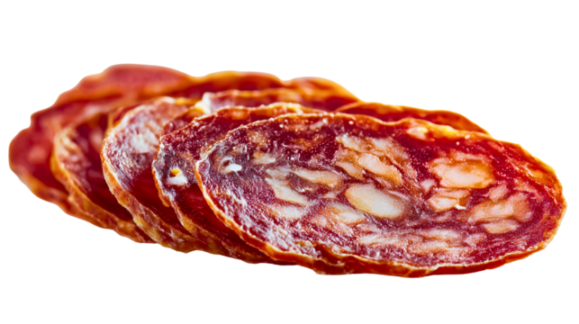 A row of sliced salami sausage thin cured meat cuts with fat texture, a spicy pepperoni appetizer, a tasty Italian deli food ingredient close-up.