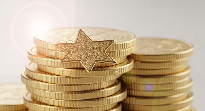 Stacked gold coins with star symbolization for Christmas business slogans - Powered by Adobe