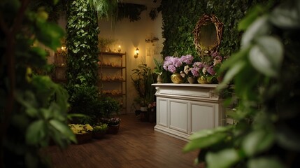 A serene and mystical floral boutique interior abundant with lush green foliage and elegant flower arrangements displayed on shelves and a counter