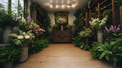 Fototapeta premium Interior of a lush floral boutique filled with green plants flowers and antique wooden furniture