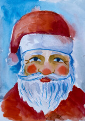 Cute watercolor illustration of Santa Claus in a childlike, playful style. Bright colors, soft lines, and festive holiday mood perfect for Christmas cards and seasonal designs.
