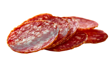 A stack of sliced salami sausage, thin cured meat pieces for pizza, red pepperoni cuts, a spicy Italian appetizer ingredient, a tasty deli snack.