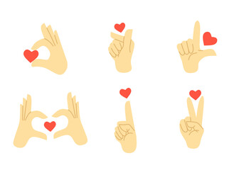 A set of hand gesture illustrations showing various love signs and heart symbols. Perfect for stickers, social media, emojis, romantic themes, and cute character elements.