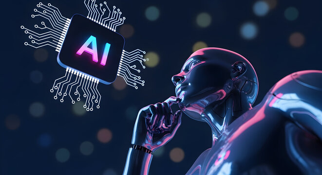 Futuristic ai concept featuring a reflective robot contemplating artificial intelligence and machine learning with a glowing circuit board and neon accents against a dark blue background