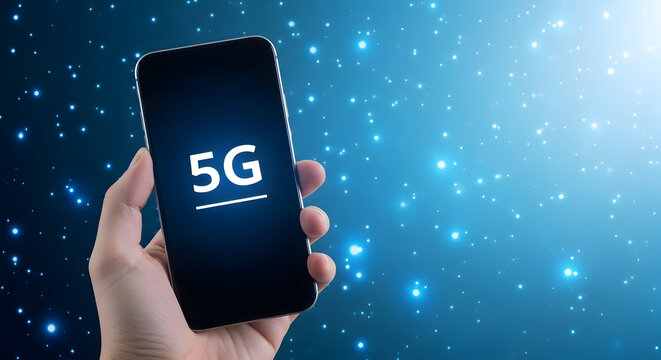 Hand holding smartphone displaying 5g network technology against a blue bokeh background showcasing mobile connectivity and high speed internet access for modern communication and digital lifestyle