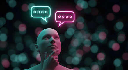 Thoughtful person ponders communication with glowing speech bubbles in a digital art style representing ideas thoughts and conversations in a modern and conceptual design with vibrant colors