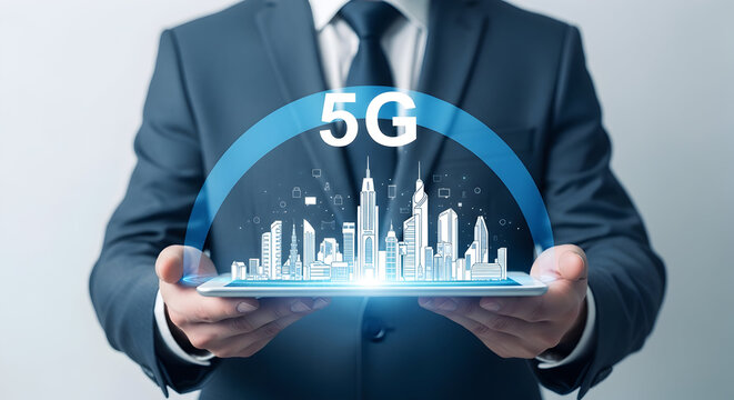 Businessman in a suit holding a tablet displaying a 5G network city skyline showcasing technology connectivity and modern infrastructure for business solutions and digital transformation initiatives