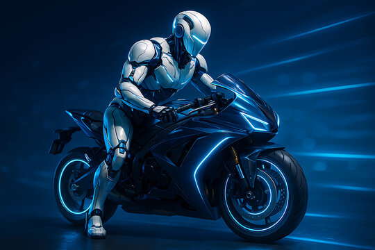 Cybernetic android motorcyclist on glowing futuristic bike in modern technology inspired digital concept