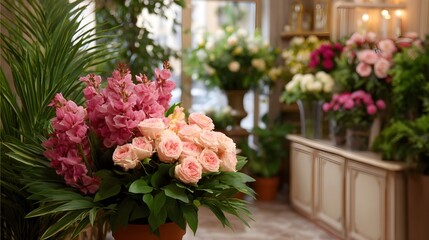 Fototapeta premium Elegant floral boutique interior showcasing a vibrant display of pink roses and tall pink flowers in arrangements with lush green foliage