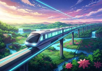 Obraz premium Futuristic High-Speed Maglev Train Traveling Across a Bridge in a Vibrant Green Nature Landscape